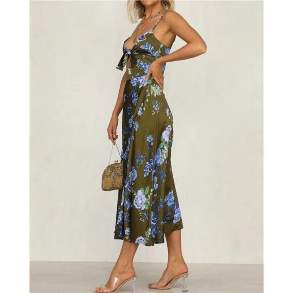Army Green Floral Print Satin Tie Front Bodycon Cami Dress Midi Party Dress - Picture 3 of 6